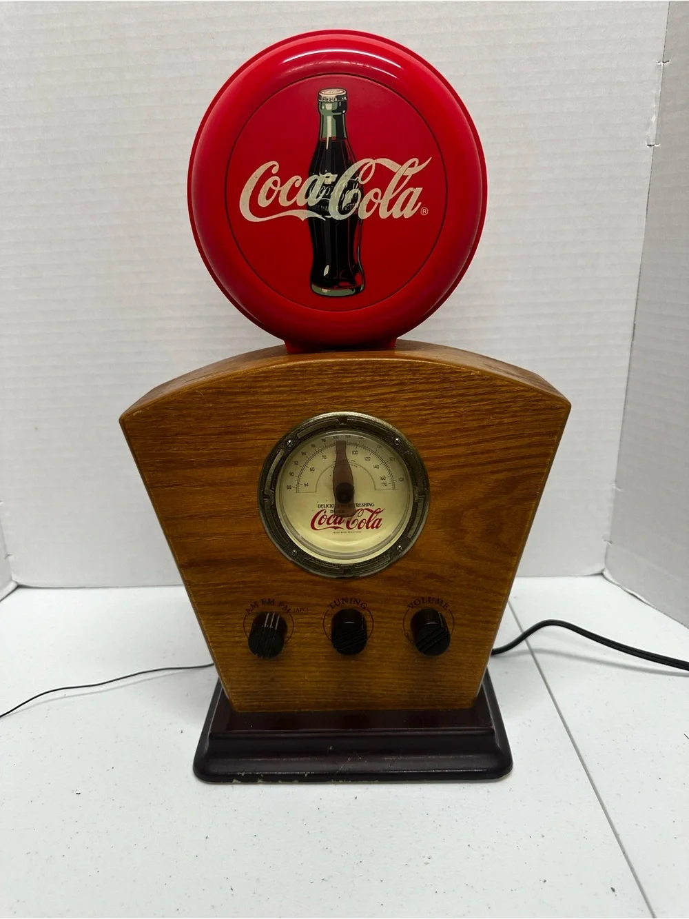 Coca Cola Red and Wood-Tone Tabletop Radio Accent Read Description